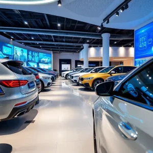 A modern car showroom showcasing digital tools and technology in automotive retail.