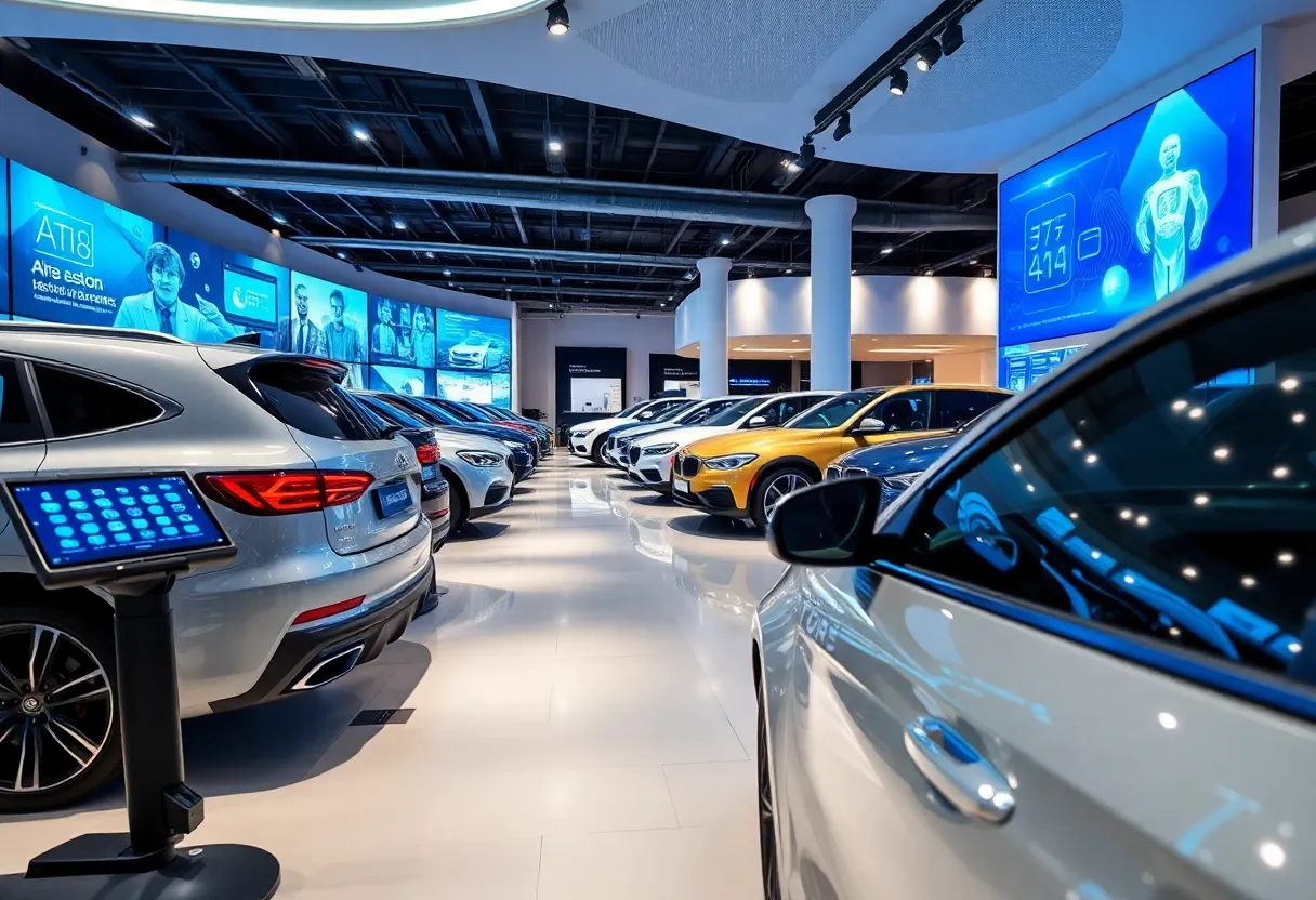 A modern car showroom showcasing digital tools and technology in automotive retail.