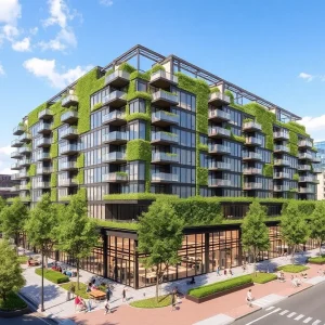 Rendering of the Gateway Project in Greenville, showing a tall mixed-use building surrounded by green spaces.