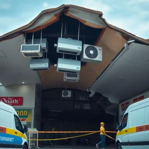 Damaged roof of BP minimarket in Hilton Head after storm