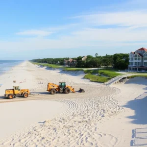 Hilton Head Island beach being restored with construction equipment in the background