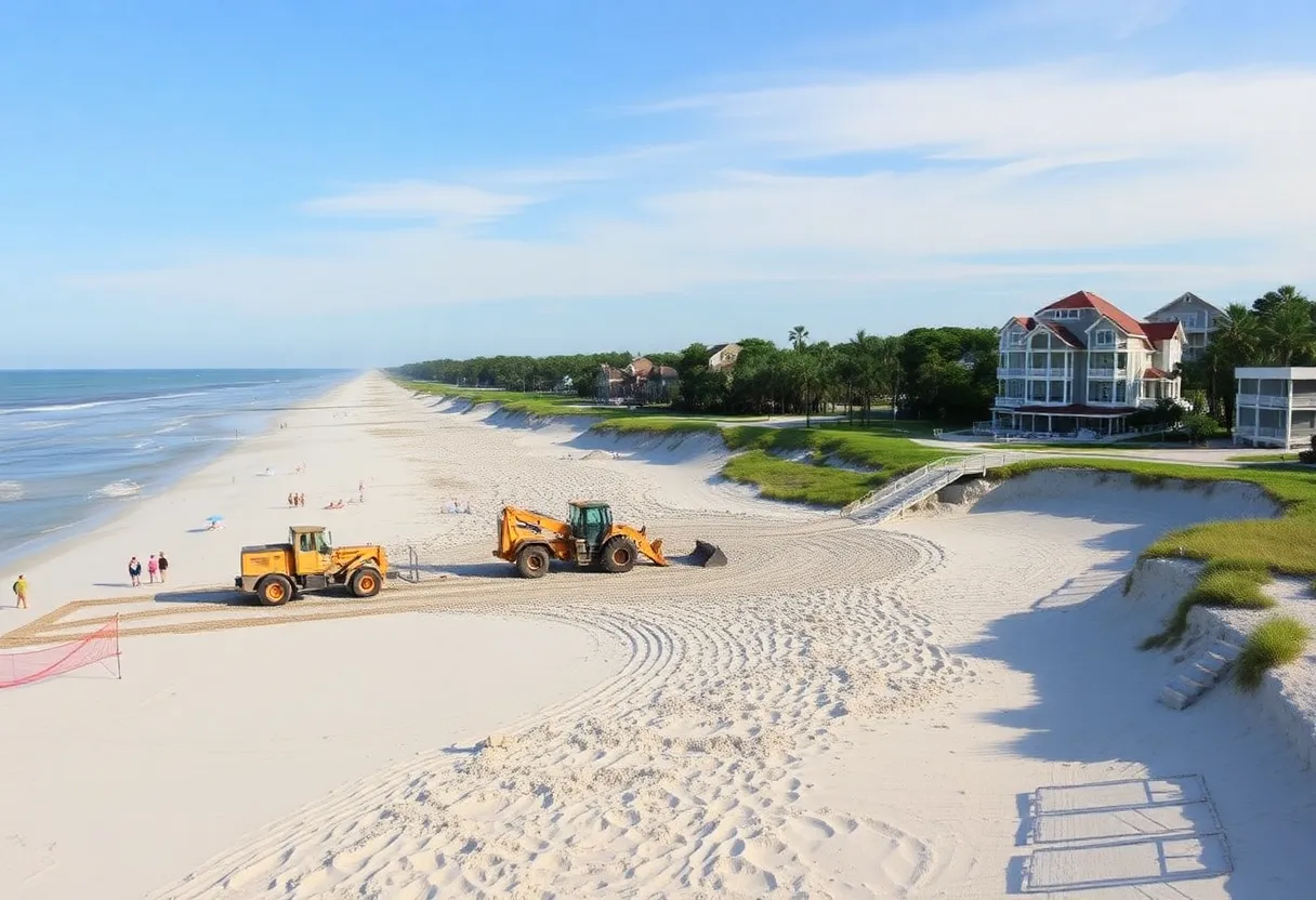 Hilton Head Island beach being restored with construction equipment in the background