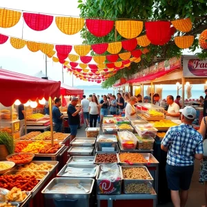 A lively food festival on Hilton Head Island with diverse food stalls and happy festival-goers.