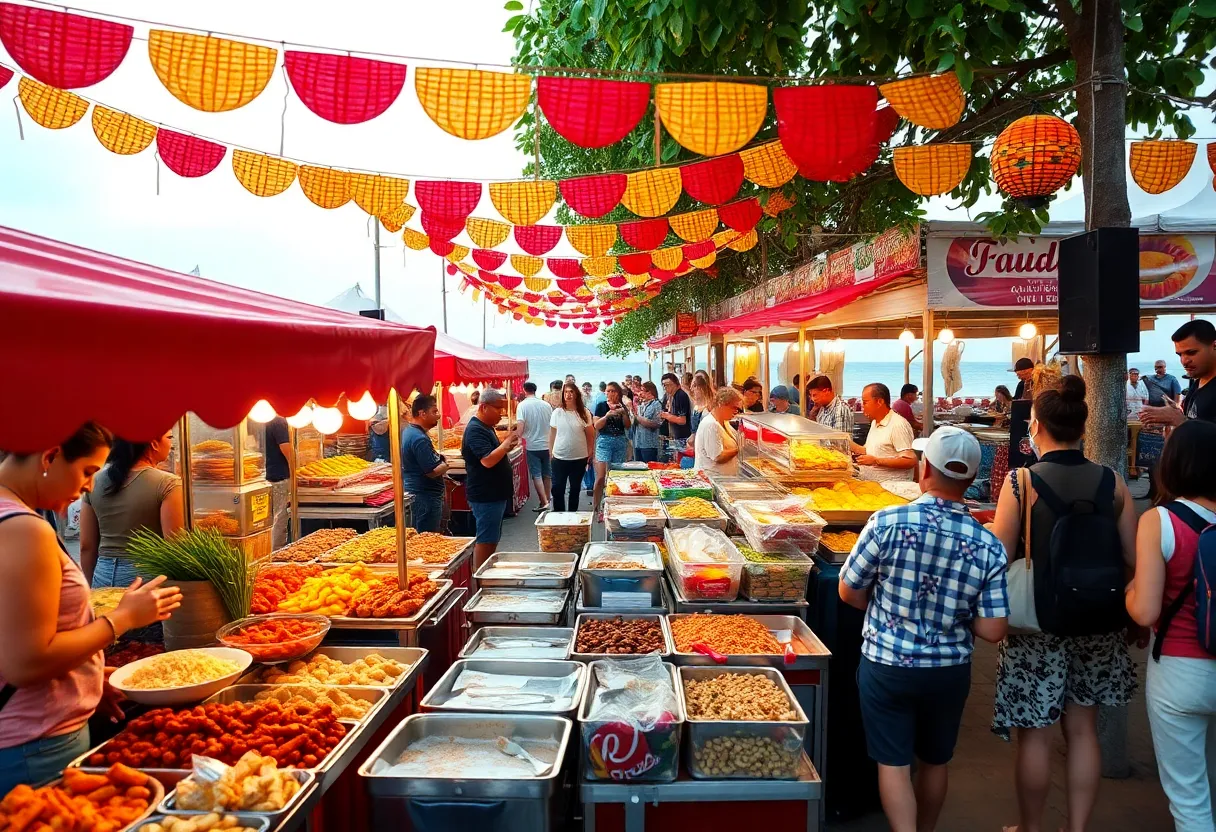 A lively food festival on Hilton Head Island with diverse food stalls and happy festival-goers.