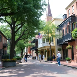 Wide view of historic buildings in Savannah, Georgia