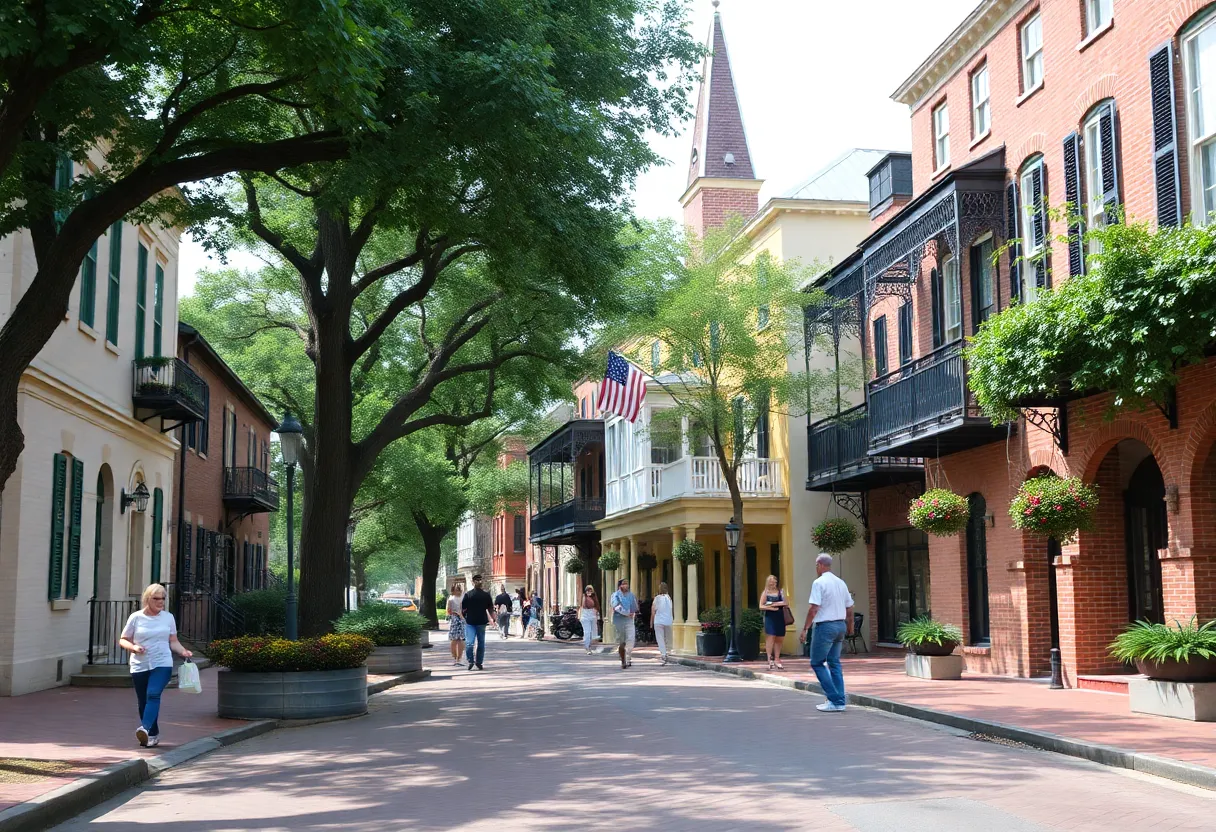 Wide view of historic buildings in Savannah, Georgia