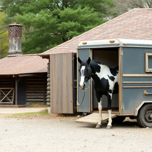 Horse trailer with a black-and-white paint mare outdoors