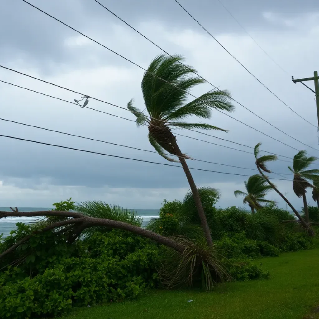 Coastal scene during Hurricane Helene with downed trees and power lines