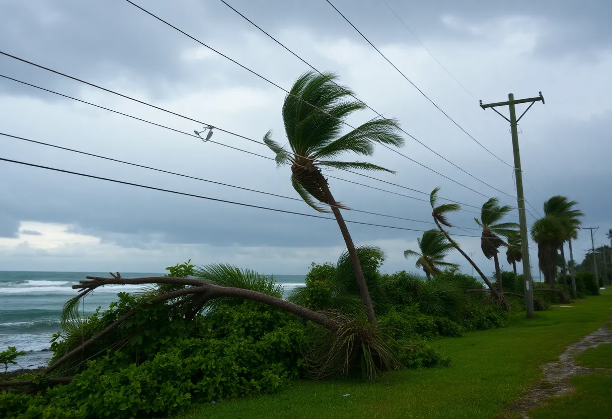 Coastal scene during Hurricane Helene with downed trees and power lines