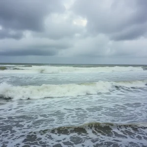 Coastline in South Carolina during Hurricane Helene with stormy weather