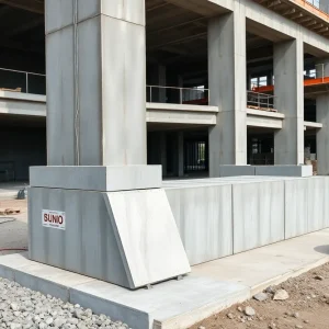 Construction workers at a site using advanced precast concrete connections provided by NSC.