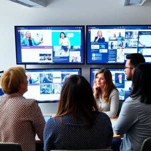 A marketing team discussing interactive marketing strategies in a modern office.