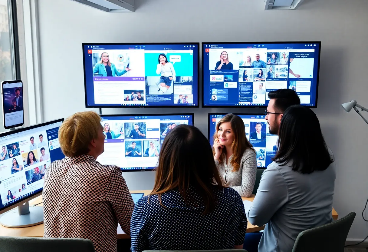 A marketing team discussing interactive marketing strategies in a modern office.