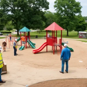 Workers renovating JuJu Hutson Park in Hardeeville