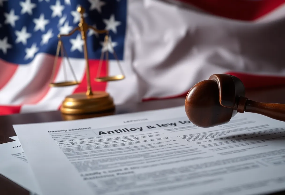 Overview of a legal report with American flag background.