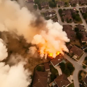 Aerial view of Los Angeles highlighting homes affected by wildfires and firefighters