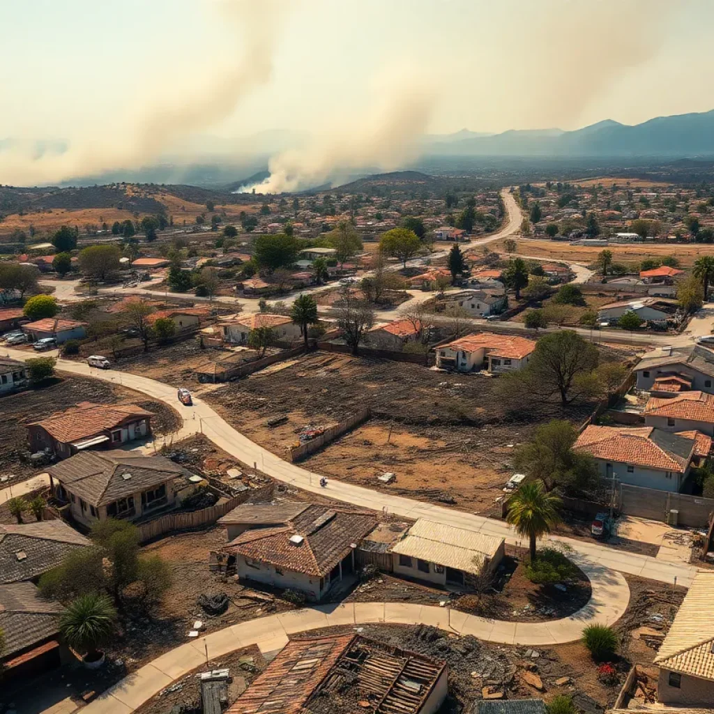 Devastation caused by the Los Angeles wildfires, showing burnt homes and emergency responders.