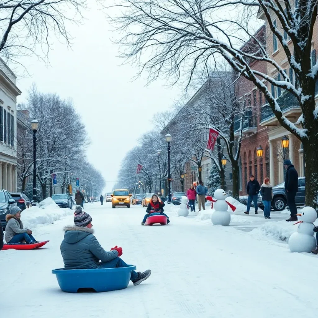 Charleston covered in snow with people enjoying winter activities