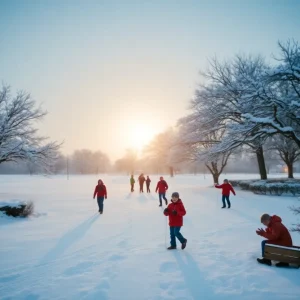 A snowy landscape in South Carolina's Lowcountry with children playing