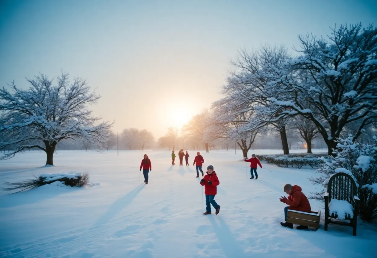 A snowy landscape in South Carolina's Lowcountry with children playing