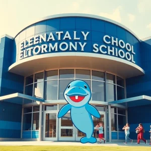 Illustration of May River Elementary School with manatee mascot