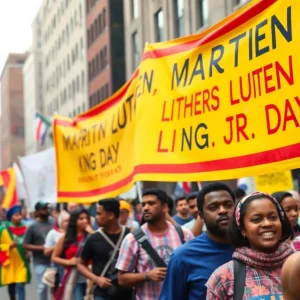 Participants celebrating Martin Luther King Jr. Day parade with banners in Beaufort County.