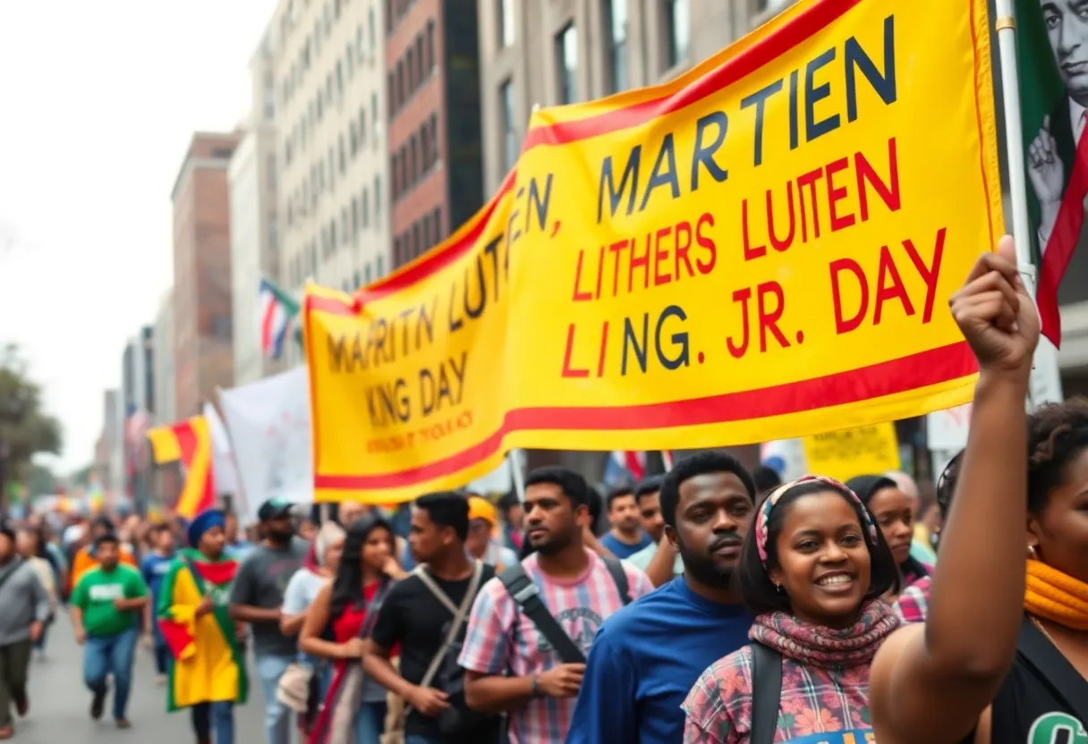 Participants celebrating Martin Luther King Jr. Day parade with banners in Beaufort County.