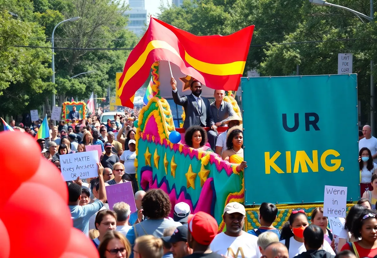 Celebration of Martin Luther King Jr. Day with diverse participants in a lively parade.