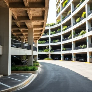 Modern precast concrete parking garage with green integration.