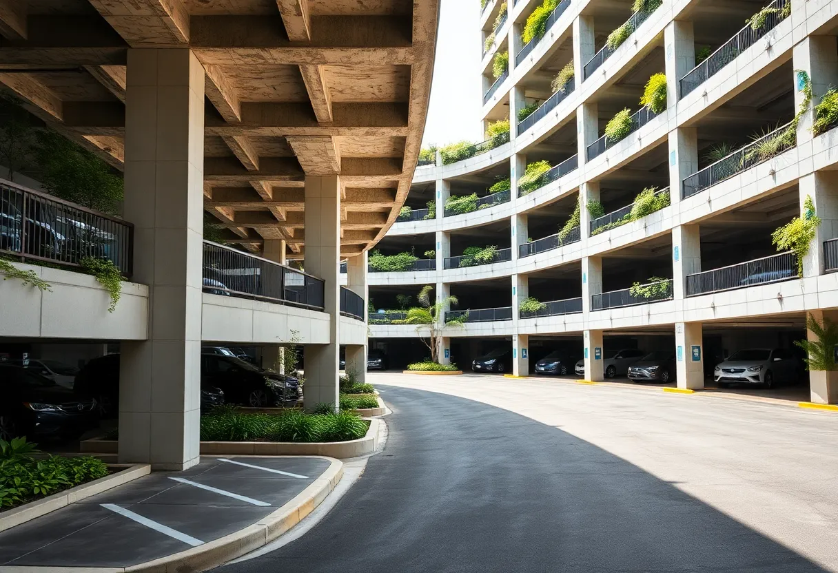 Modern precast concrete parking garage with green integration.