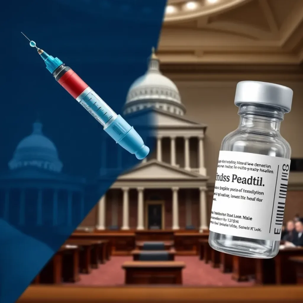 Symbolic representation of the public health debate with vaccines and government buildings.