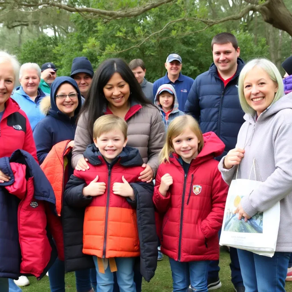 Families donating jackets at Hilton Head Island for the Recycle Your Jacket initiative