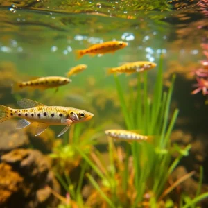 Underwater view of different fish species swimming with aquatic plants