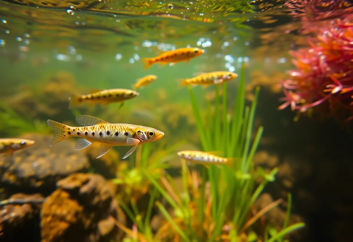 Underwater view of different fish species swimming with aquatic plants