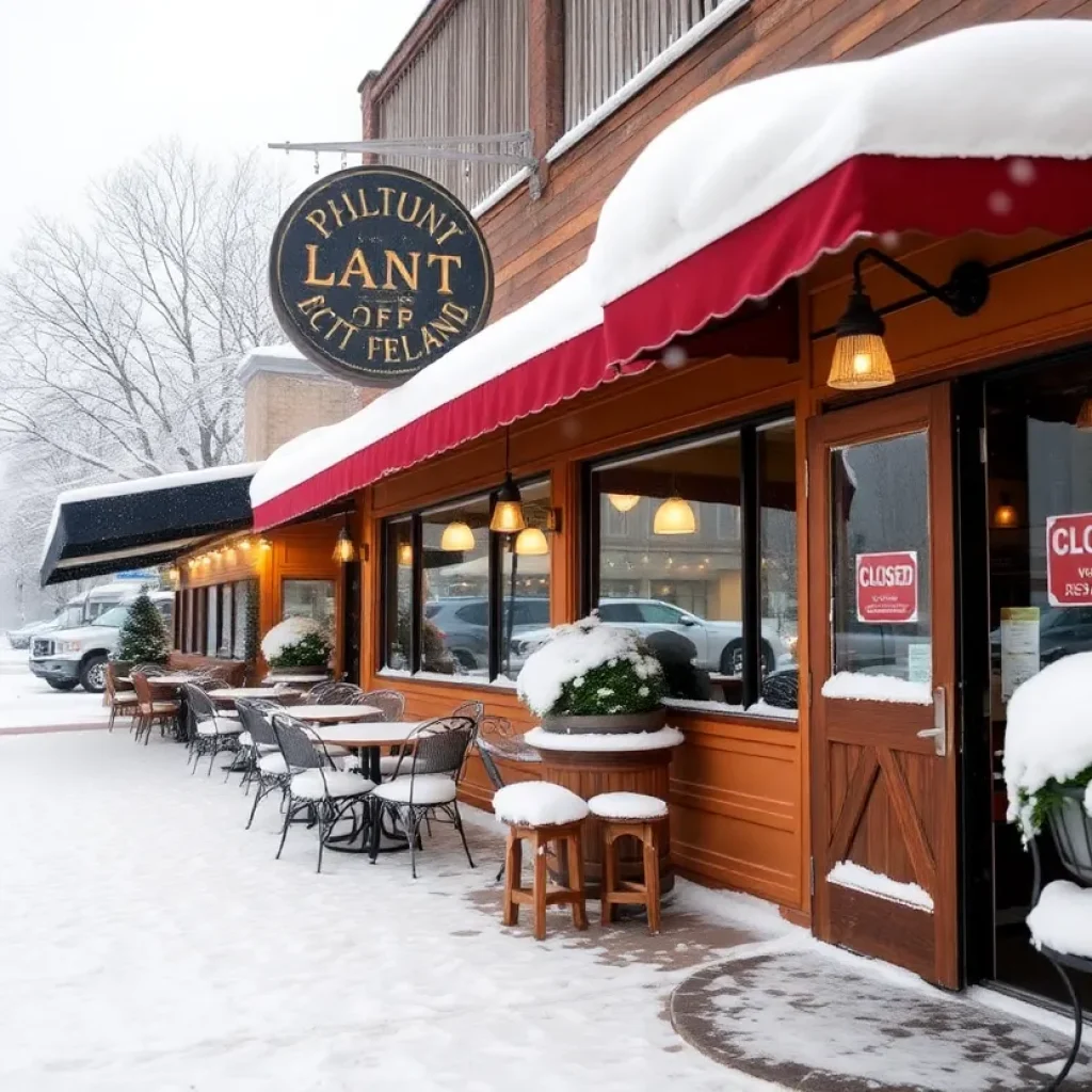 Closed restaurant in Bluffton covered in snow