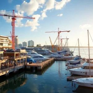 Construction at South Beach Marina with cranes and waterfront