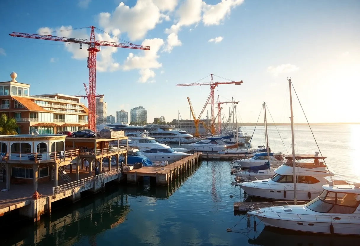 Construction at South Beach Marina with cranes and waterfront