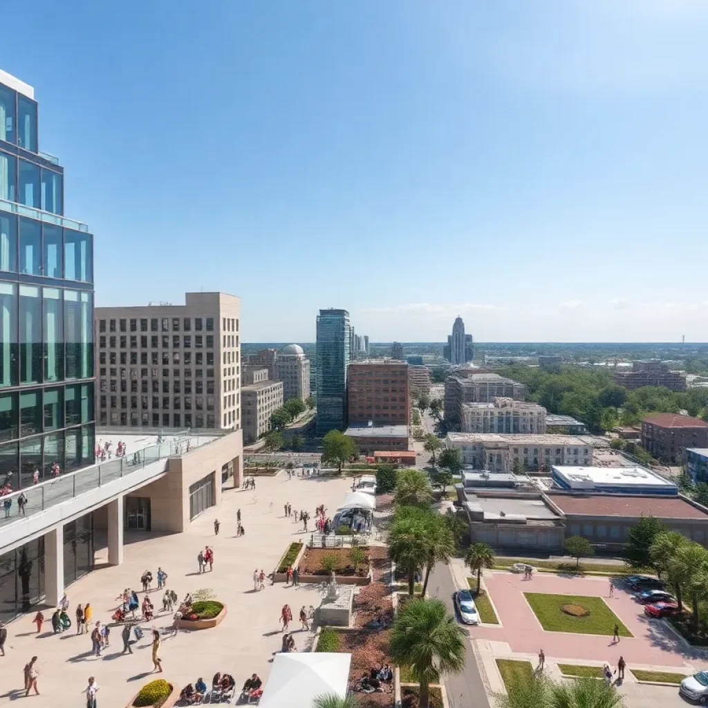 A vibrant city scene in South Carolina with people in outdoor spaces.