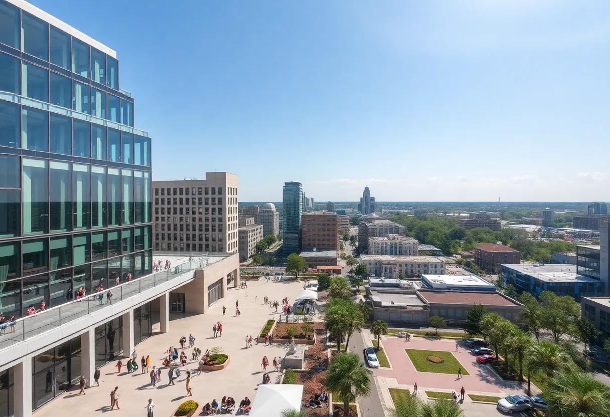 A vibrant city scene in South Carolina with people in outdoor spaces.