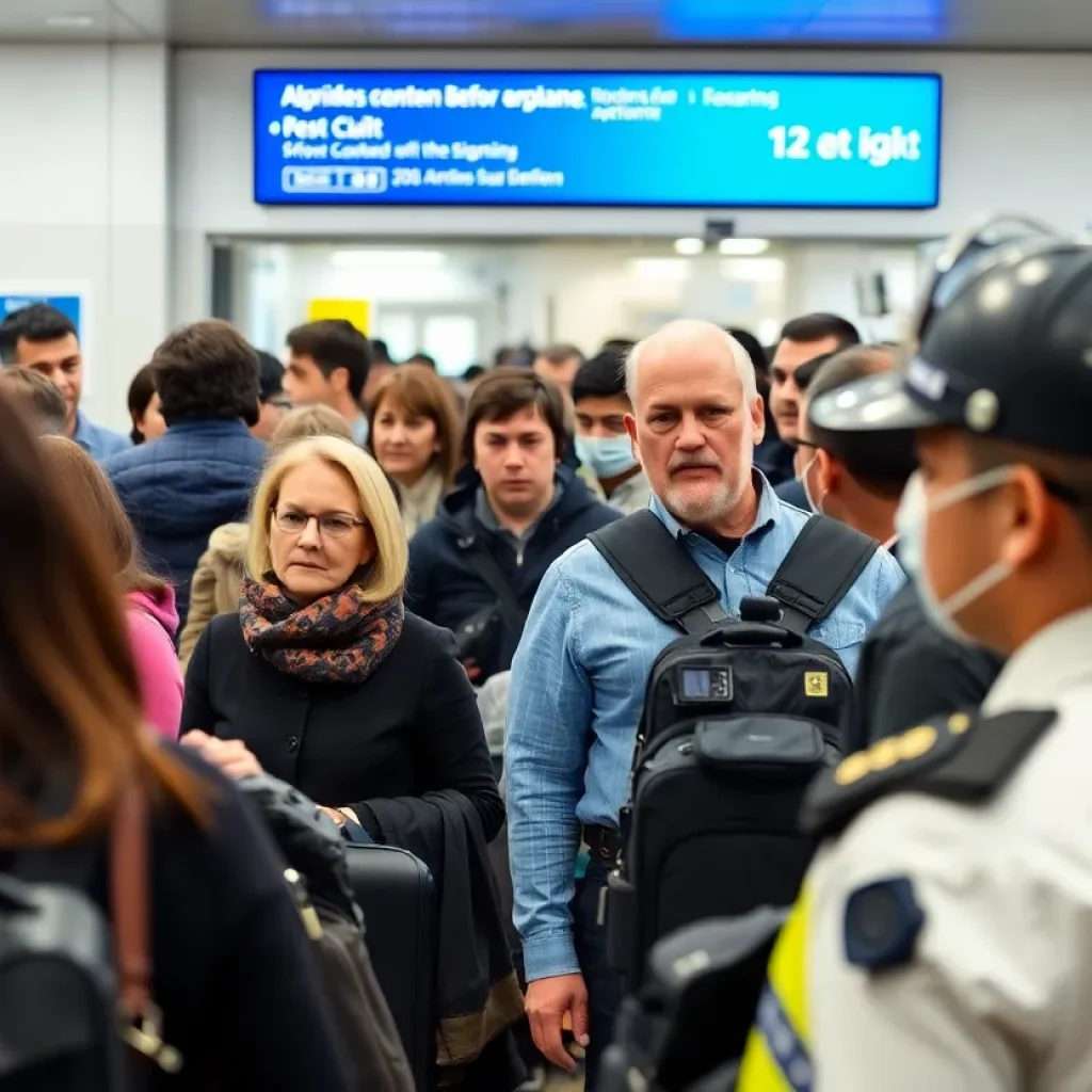 Police officers at airport boarding area with passengers observing.