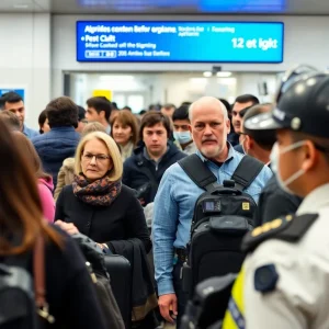 Police officers at airport boarding area with passengers observing.