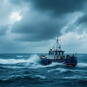 Fishing boat in a storm at Stanolind Reservoir, Texas.