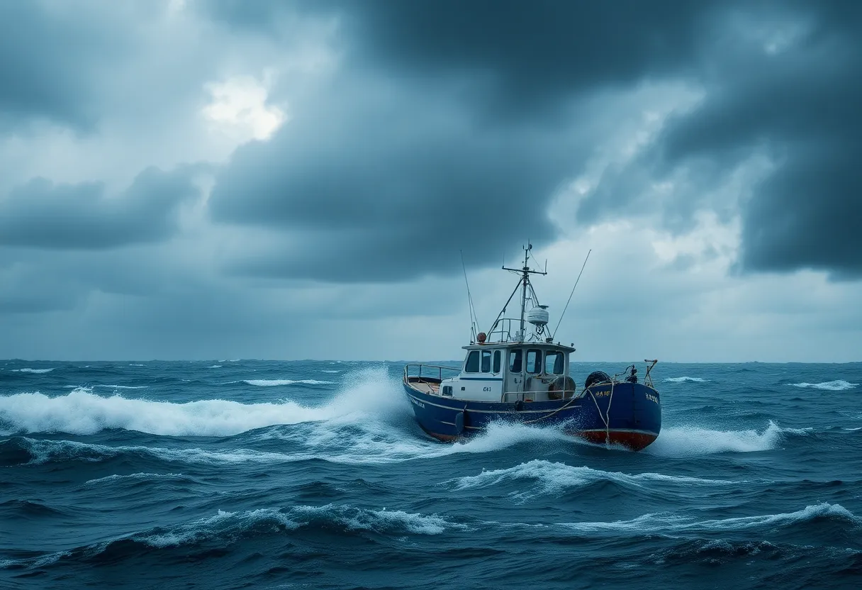 Fishing boat in a storm at Stanolind Reservoir, Texas.