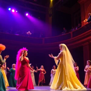 A scene from The Eleanors Opera showing colorful costumes and dramatic stage lighting.