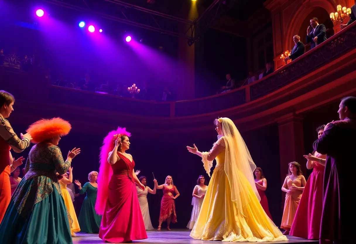 A scene from The Eleanors Opera showing colorful costumes and dramatic stage lighting.