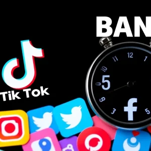 Digital representation of TikTok ban with logos and clock