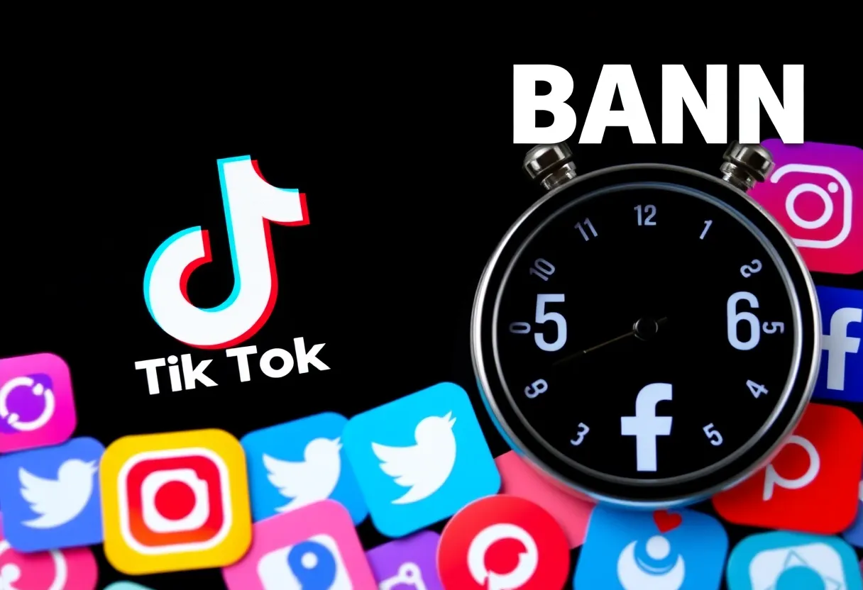 Digital representation of TikTok ban with logos and clock