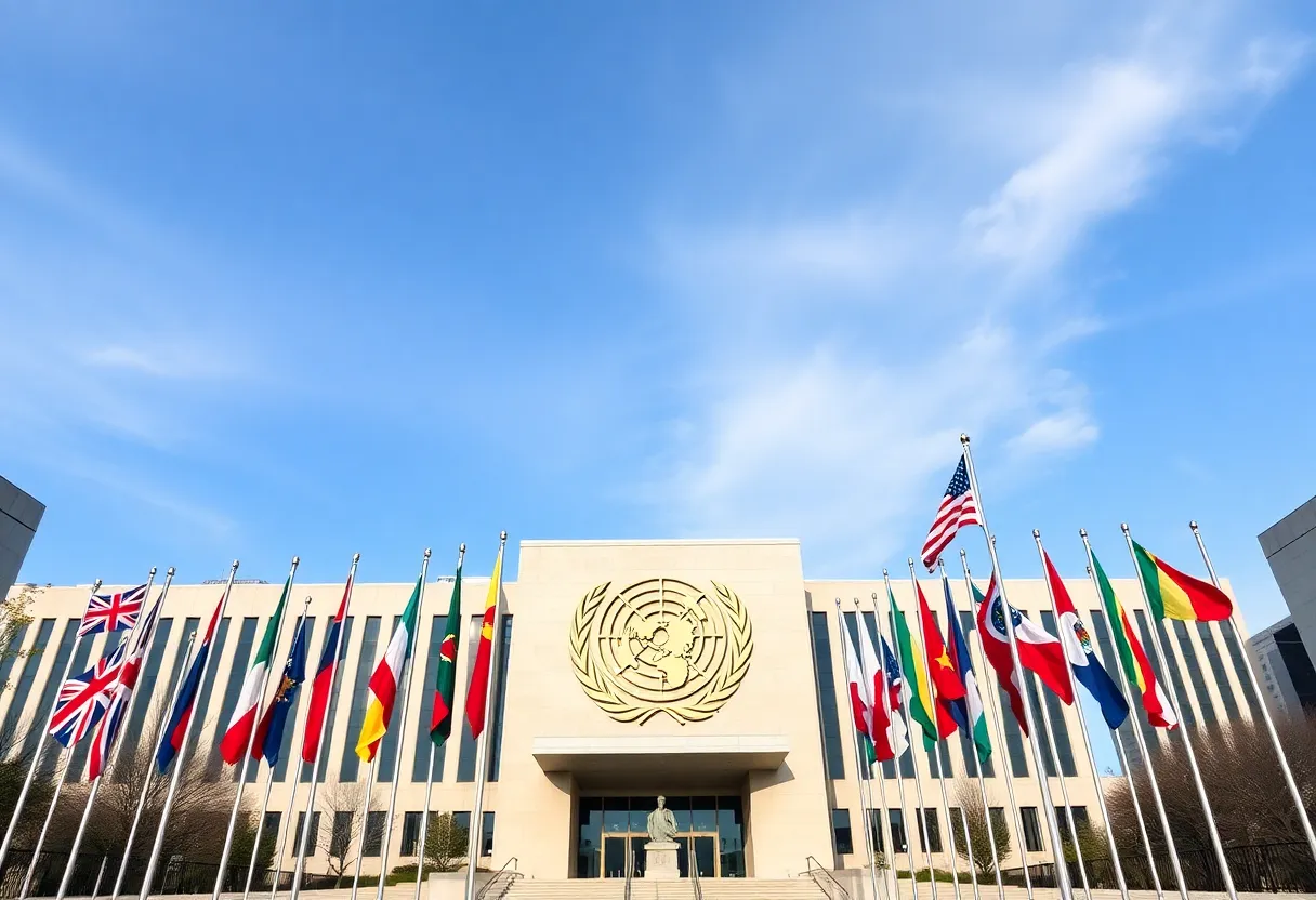 United Nations headquarters with flags representing global cooperation