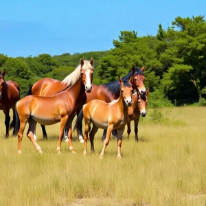 Herd of wild marsh ponies grazing on Beaufort's coastal islands