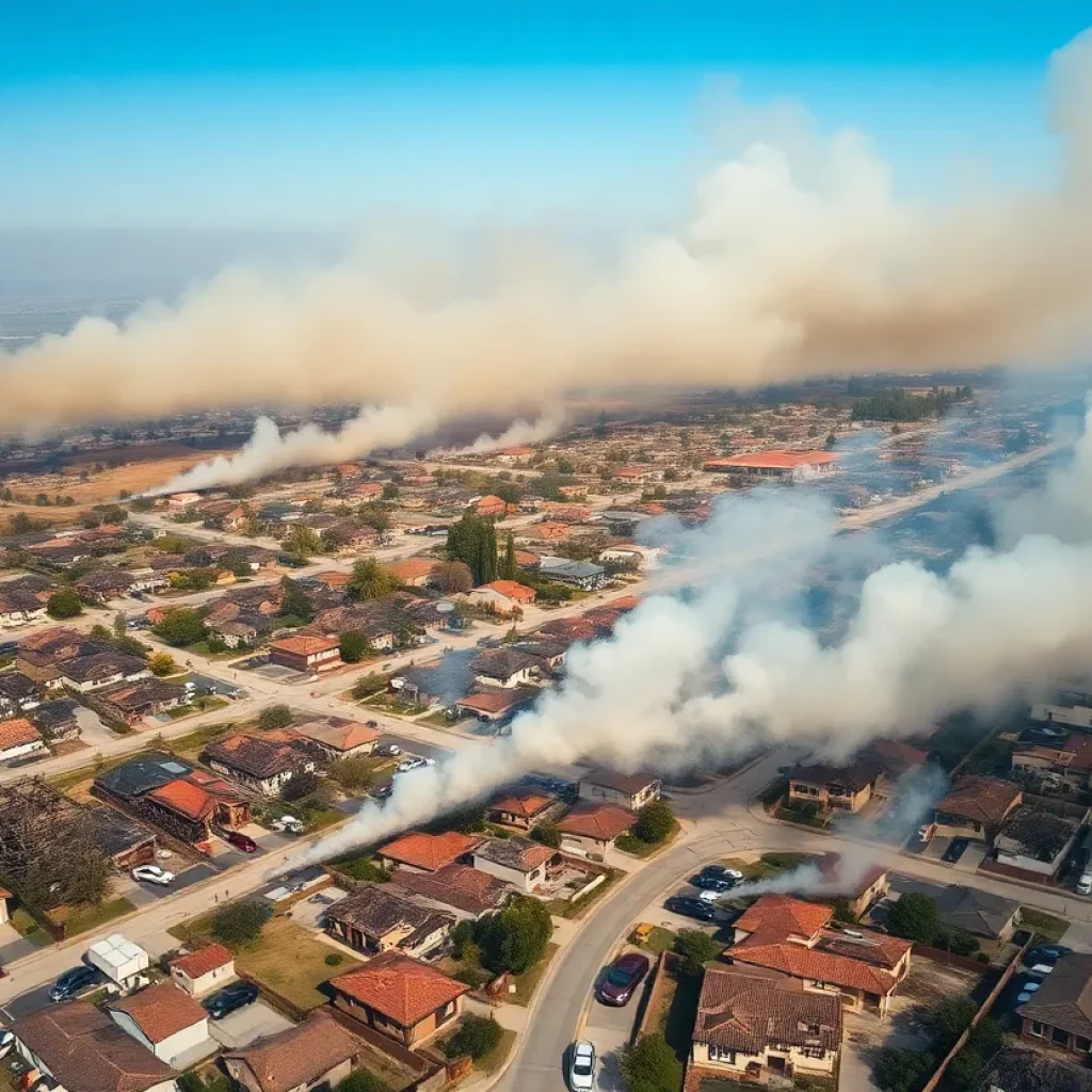 Aerial view of a burnt neighborhood in Los Angeles due to wildfires